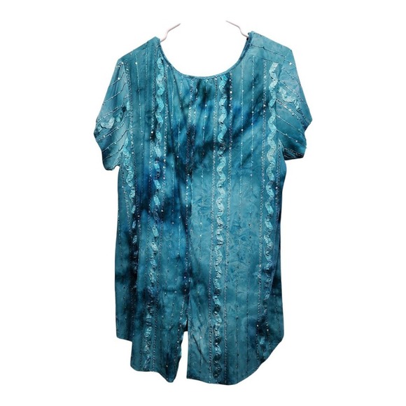 Sami & Jo Asymmetrical Tunic Top 2X Aqua Green Boho Fairycore Sequin Embroidered - Picture 2 of 10